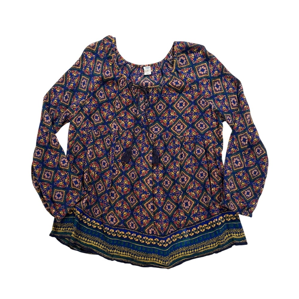 Old Navy Boho Print Tassel Tie Blouse Blue Multicolor Size M Rayon
